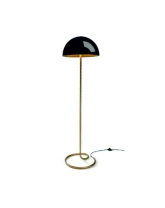 Lampa podłogowa o ciekawym kształcie zbliżonym do parasola. Noka w kolorze szczotkowanego złota oraz klosza z czarnego tworzywa z plisowanym wypełnieniem od środka.