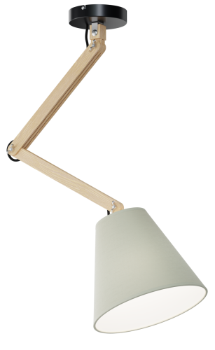OLA drewniana lampa sufitowa z metalową podsufitką i tkaninowym gładkim abażurem. Regulowane ramię