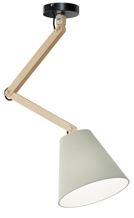 OLA drewniana lampa sufitowa z metalową podsufitką i tkaninowym gładkim abażurem. Regulowane ramię