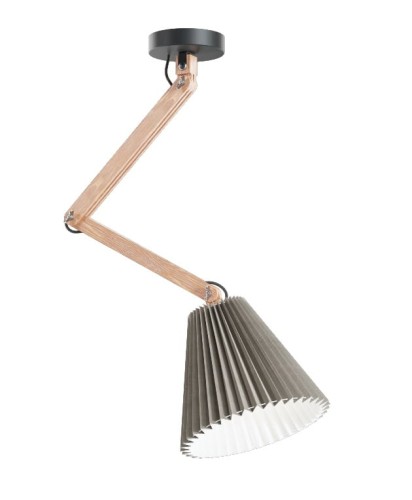 OLA drewniana lampa sufitowa z metalową podsufitką i tkaninowym plisowanym abażurem. Regulowane ramię