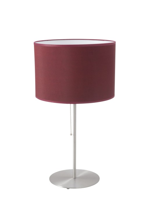 Preciosa lampa nocna. Korpus wykonany z metalowej okrągłej podstawy i rurki zakończoje gniazde E27 oraz tekstylnym abażurem w kolorze bordowym
