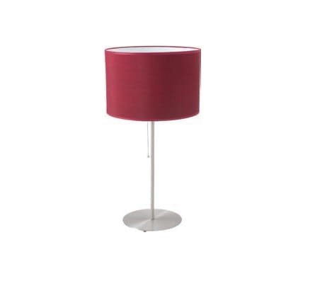 Preciosa lampa gabinetowa. Metalowa okrągła podstawa połączona z metalową rurką zakończona gniazdem E27 oraz abażurem w kształcie walca w kolorze bordo.