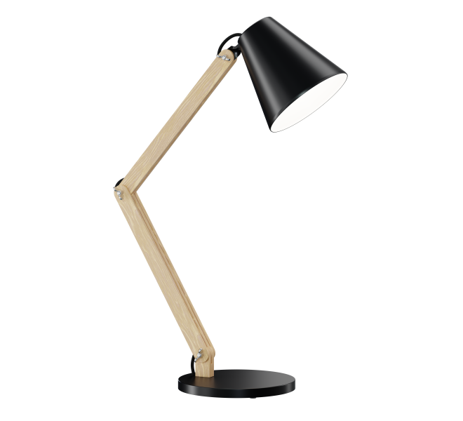 OLA lampa gabinetowa, biurkowa wykonana z drewna w połączeniu z metalowym kloszem i podstawą. Regulowane ramię.