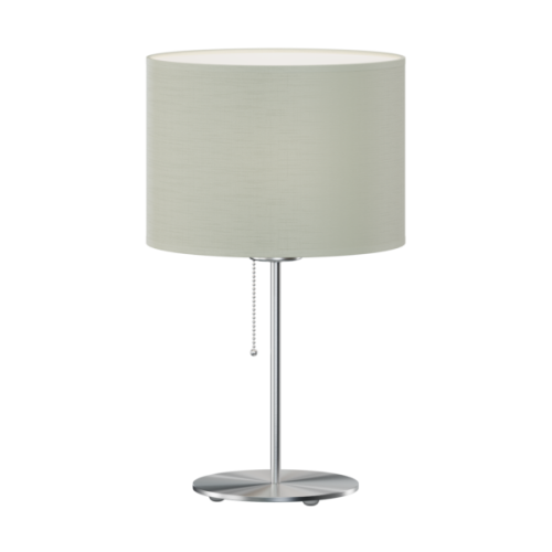 Preciosa lampa nocna. Korpus wykonany z metalowej okrągłej podstawy i rurki zakończoje gniazde E27 oraz tekstylnym abażurem w kolorze ecru