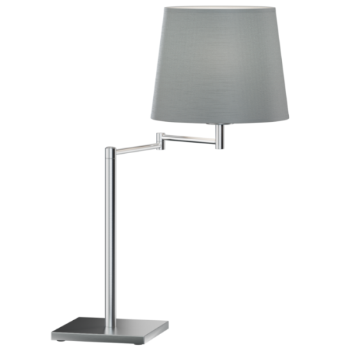 RUMBA lampa gabinetowa z regulowanym ramieniem i tkaninowym abażure. Solidny korpus wykonany z metalu. Abażur szary