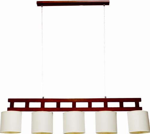 vigo lampa sufitowa pięcio płomienna. Korpus drewniany w kształcie drabinki i abażury tkaninowe w kształcie łódki