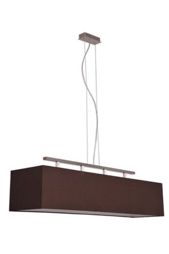 Lampa sufitowa wisząca na linkach z metalowym korpusem i tkaninowy abażurem w kształcie prostokąta